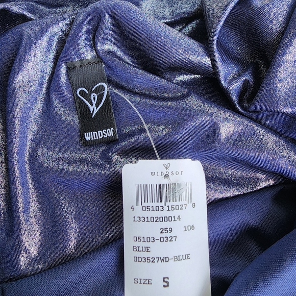 NWT Windsor Navy Blue Metallic Pencil Dress Long Sleeve Stretch Bodycon Bling S - Picture 15 of 16